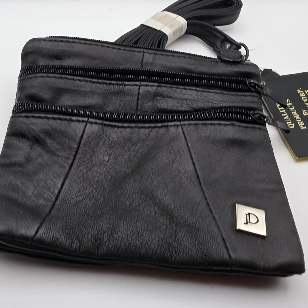 Dony LA Corp Black Genuine Leather Crossbody Bag Small Multi Zip Waist Pack JD